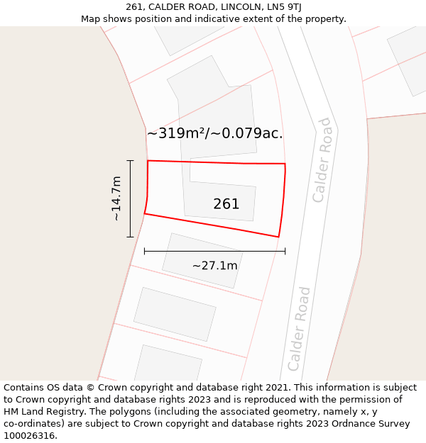 261, CALDER ROAD, LINCOLN, LN5 9TJ: Plot and title map