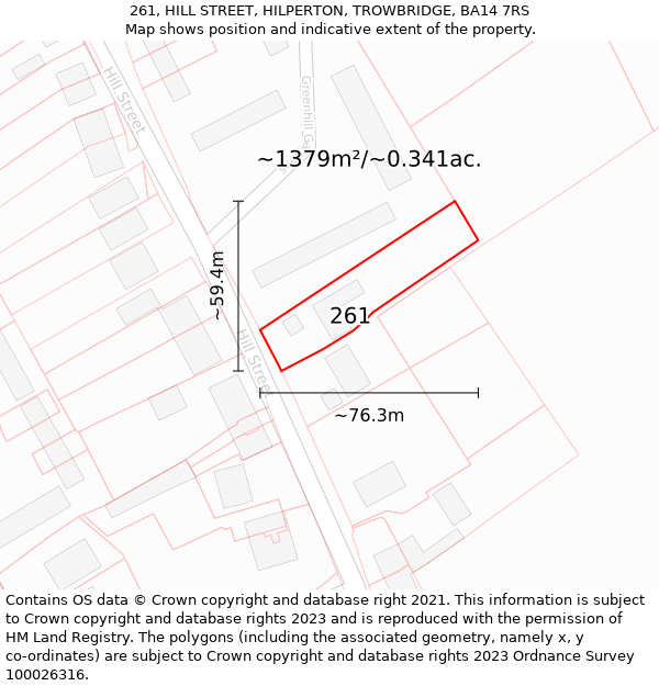 261, HILL STREET, HILPERTON, TROWBRIDGE, BA14 7RS: Plot and title map