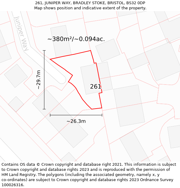 261, JUNIPER WAY, BRADLEY STOKE, BRISTOL, BS32 0DP: Plot and title map