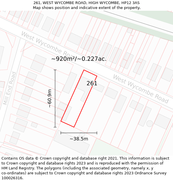 261, WEST WYCOMBE ROAD, HIGH WYCOMBE, HP12 3AS: Plot and title map