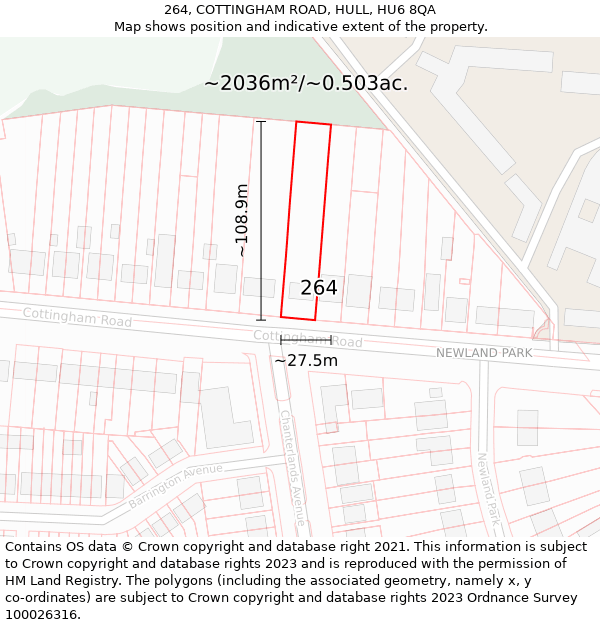 264, COTTINGHAM ROAD, HULL, HU6 8QA: Plot and title map