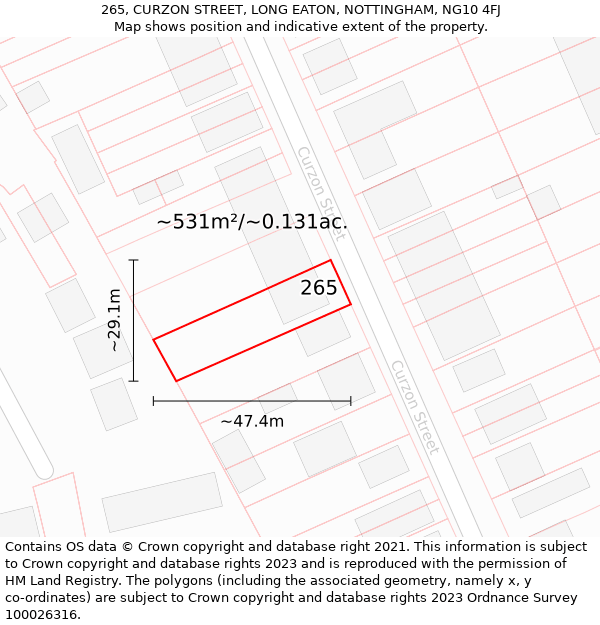 265, CURZON STREET, LONG EATON, NOTTINGHAM, NG10 4FJ: Plot and title map