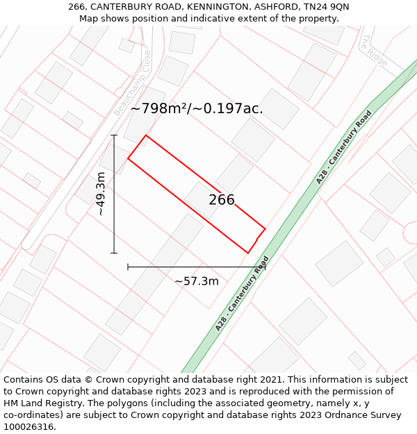 266, CANTERBURY ROAD, KENNINGTON, ASHFORD, TN24 9QN: Plot and title map