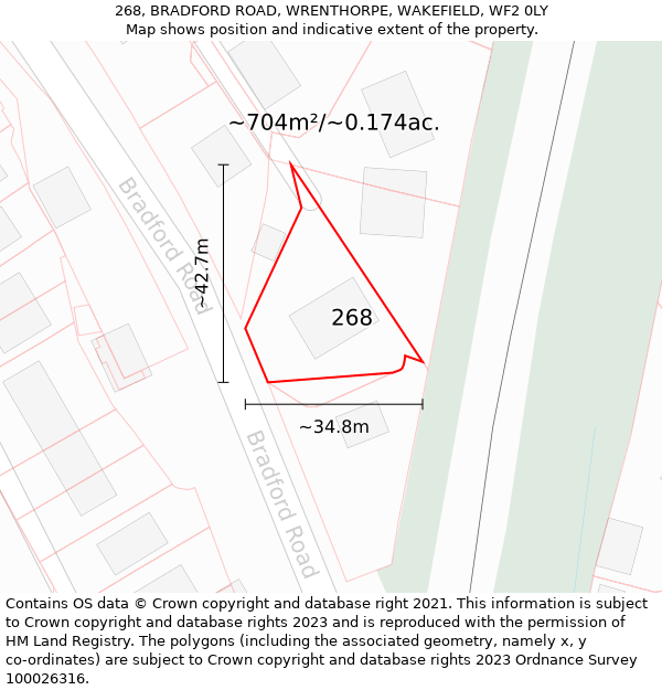 268, BRADFORD ROAD, WRENTHORPE, WAKEFIELD, WF2 0LY: Plot and title map