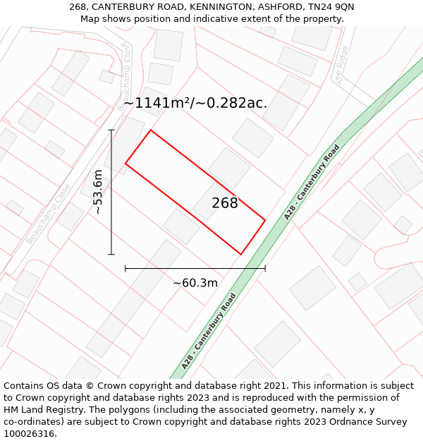 268, CANTERBURY ROAD, KENNINGTON, ASHFORD, TN24 9QN: Plot and title map