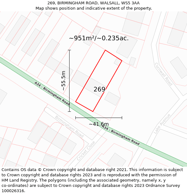269, BIRMINGHAM ROAD, WALSALL, WS5 3AA: Plot and title map