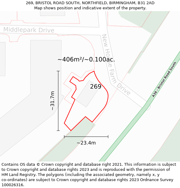 269, BRISTOL ROAD SOUTH, NORTHFIELD, BIRMINGHAM, B31 2AD: Plot and title map