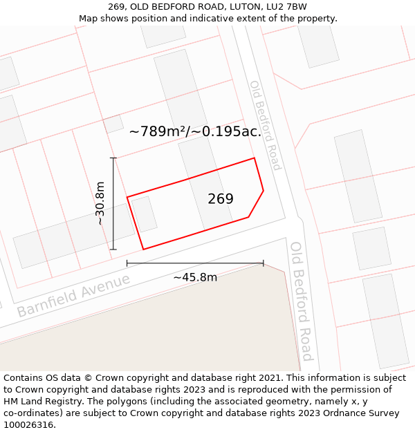 269, OLD BEDFORD ROAD, LUTON, LU2 7BW: Plot and title map