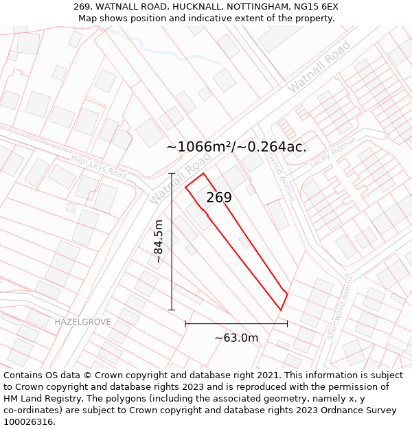 269, WATNALL ROAD, HUCKNALL, NOTTINGHAM, NG15 6EX: Plot and title map