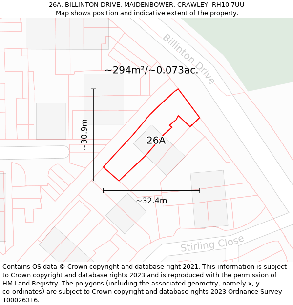 26A, BILLINTON DRIVE, MAIDENBOWER, CRAWLEY, RH10 7UU: Plot and title map