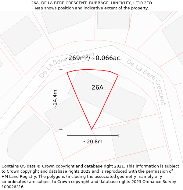 26A, DE LA BERE CRESCENT, BURBAGE, HINCKLEY, LE10 2EQ: Plot and title map