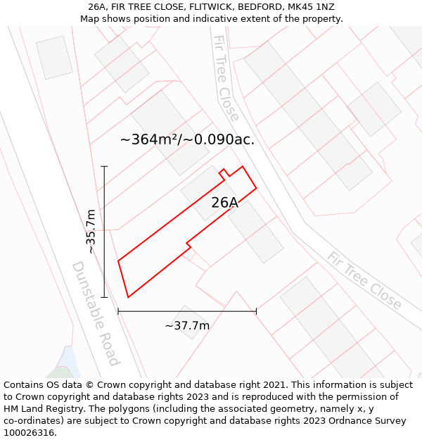 26A, FIR TREE CLOSE, FLITWICK, BEDFORD, MK45 1NZ: Plot and title map