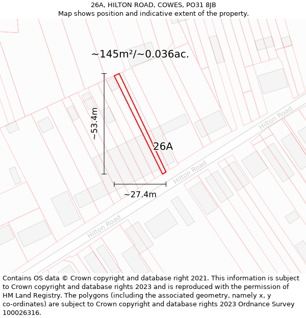 26A, HILTON ROAD, COWES, PO31 8JB: Plot and title map