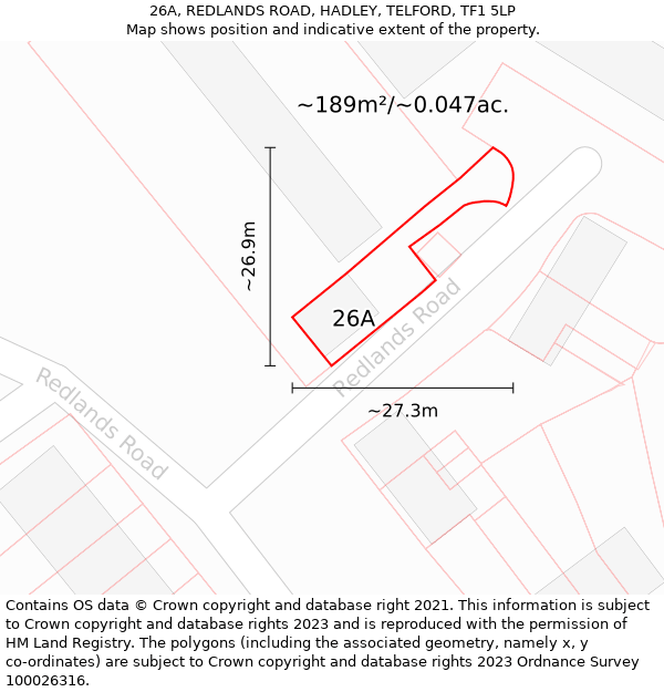 26A, REDLANDS ROAD, HADLEY, TELFORD, TF1 5LP: Plot and title map