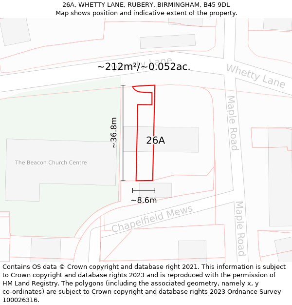 26A, WHETTY LANE, RUBERY, BIRMINGHAM, B45 9DL: Plot and title map