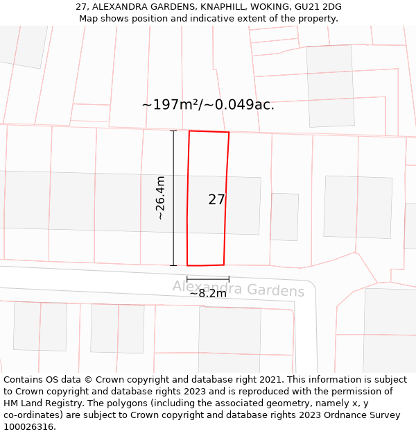 27, ALEXANDRA GARDENS, KNAPHILL, WOKING, GU21 2DG: Plot and title map