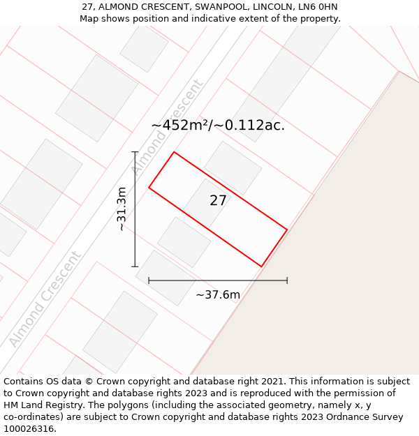 27, ALMOND CRESCENT, SWANPOOL, LINCOLN, LN6 0HN: Plot and title map