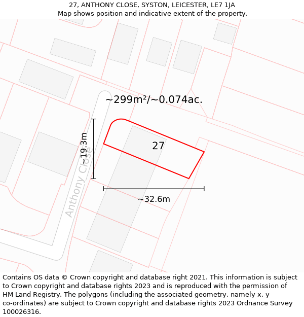 27, ANTHONY CLOSE, SYSTON, LEICESTER, LE7 1JA: Plot and title map