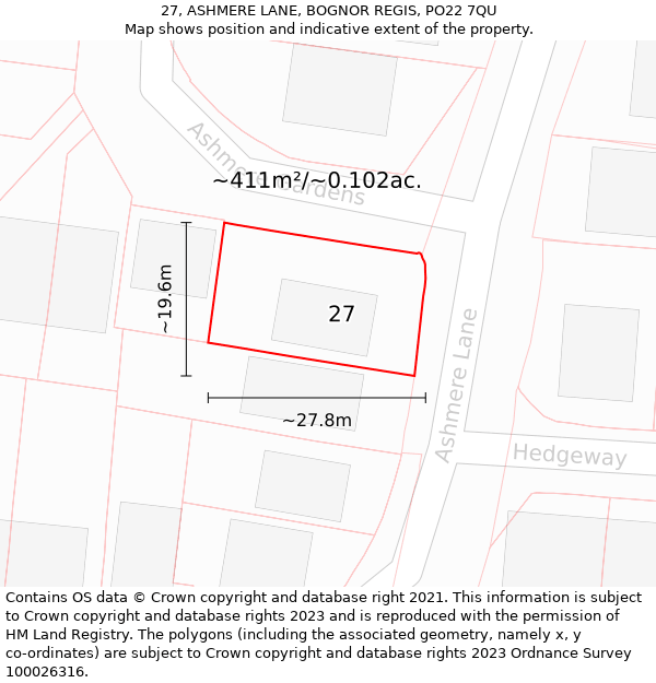 27, ASHMERE LANE, BOGNOR REGIS, PO22 7QU: Plot and title map