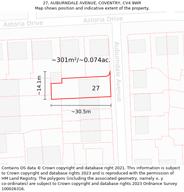 27, AUBURNDALE AVENUE, COVENTRY, CV4 9WR: Plot and title map