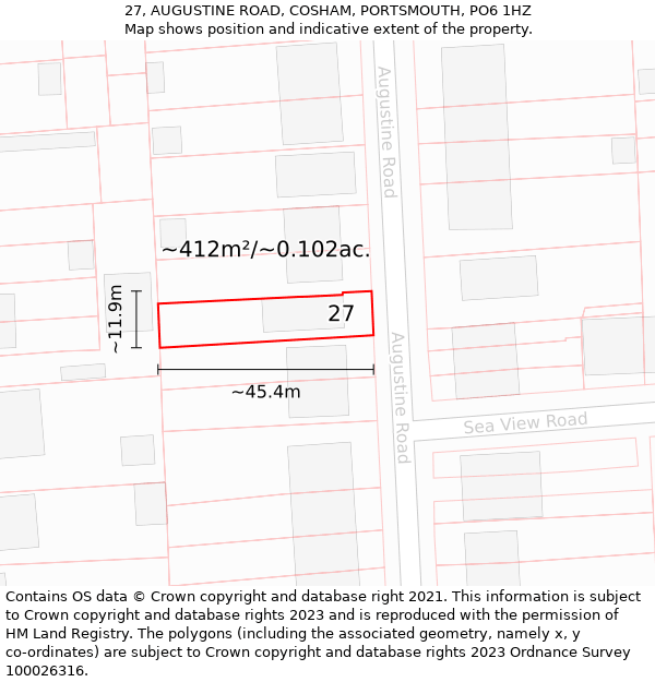 27, AUGUSTINE ROAD, COSHAM, PORTSMOUTH, PO6 1HZ: Plot and title map