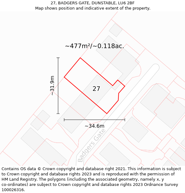 27, BADGERS GATE, DUNSTABLE, LU6 2BF: Plot and title map