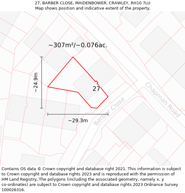 27, BARBER CLOSE, MAIDENBOWER, CRAWLEY, RH10 7LU: Plot and title map