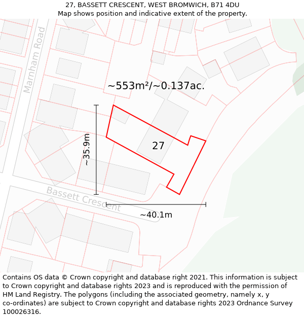 27, BASSETT CRESCENT, WEST BROMWICH, B71 4DU: Plot and title map