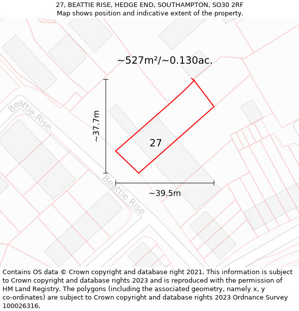 27, BEATTIE RISE, HEDGE END, SOUTHAMPTON, SO30 2RF: Plot and title map