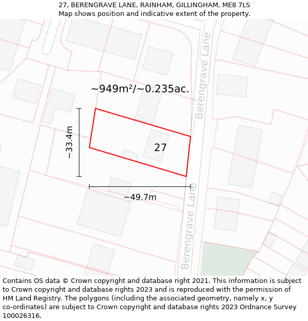 27, BERENGRAVE LANE, RAINHAM, GILLINGHAM, ME8 7LS: Plot and title map