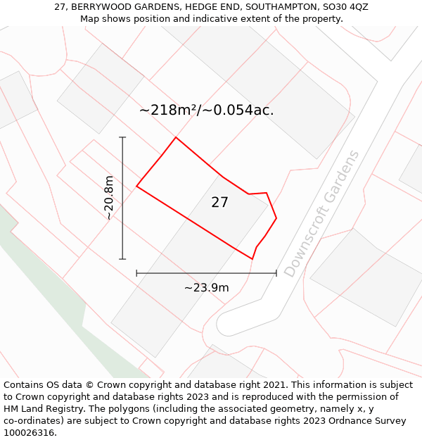 27, BERRYWOOD GARDENS, HEDGE END, SOUTHAMPTON, SO30 4QZ: Plot and title map