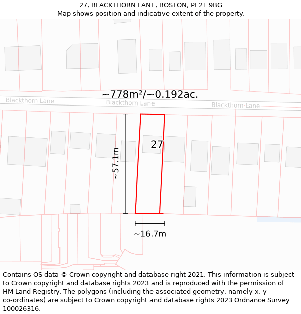 27, BLACKTHORN LANE, BOSTON, PE21 9BG: Plot and title map