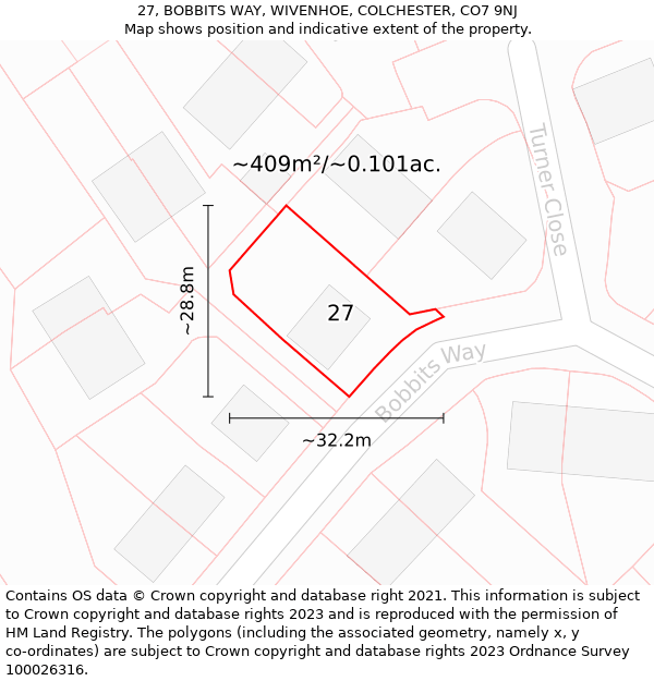 27, BOBBITS WAY, WIVENHOE, COLCHESTER, CO7 9NJ: Plot and title map