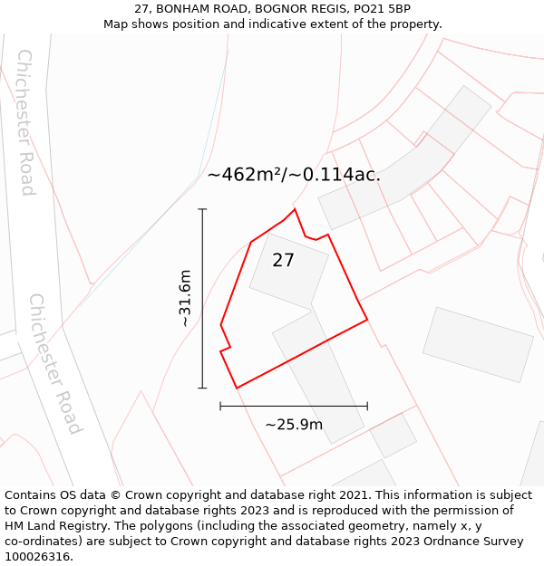 27, BONHAM ROAD, BOGNOR REGIS, PO21 5BP: Plot and title map