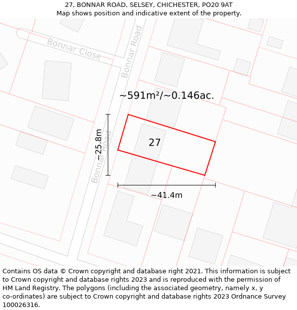 27, BONNAR ROAD, SELSEY, CHICHESTER, PO20 9AT: Plot and title map