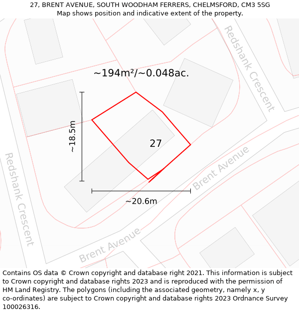 27, BRENT AVENUE, SOUTH WOODHAM FERRERS, CHELMSFORD, CM3 5SG: Plot and title map