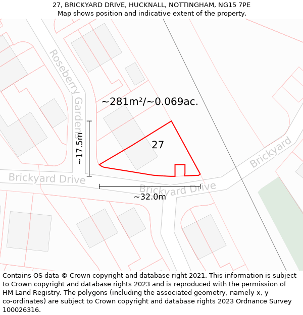 27, BRICKYARD DRIVE, HUCKNALL, NOTTINGHAM, NG15 7PE: Plot and title map