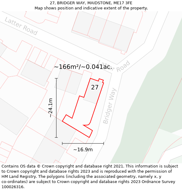 27, BRIDGER WAY, MAIDSTONE, ME17 3FE: Plot and title map