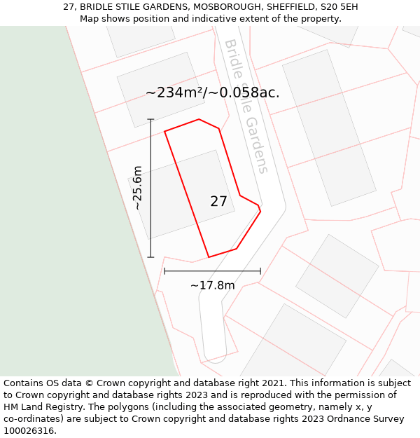 27, BRIDLE STILE GARDENS, MOSBOROUGH, SHEFFIELD, S20 5EH: Plot and title map