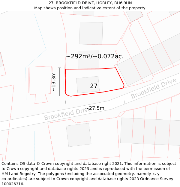 27, BROOKFIELD DRIVE, HORLEY, RH6 9HN: Plot and title map