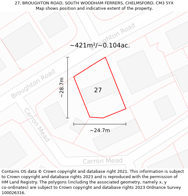 27, BROUGHTON ROAD, SOUTH WOODHAM FERRERS, CHELMSFORD, CM3 5YX: Plot and title map