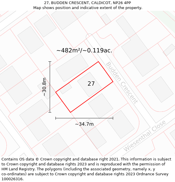 27, BUDDEN CRESCENT, CALDICOT, NP26 4PP: Plot and title map