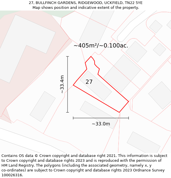 27, BULLFINCH GARDENS, RIDGEWOOD, UCKFIELD, TN22 5YE: Plot and title map