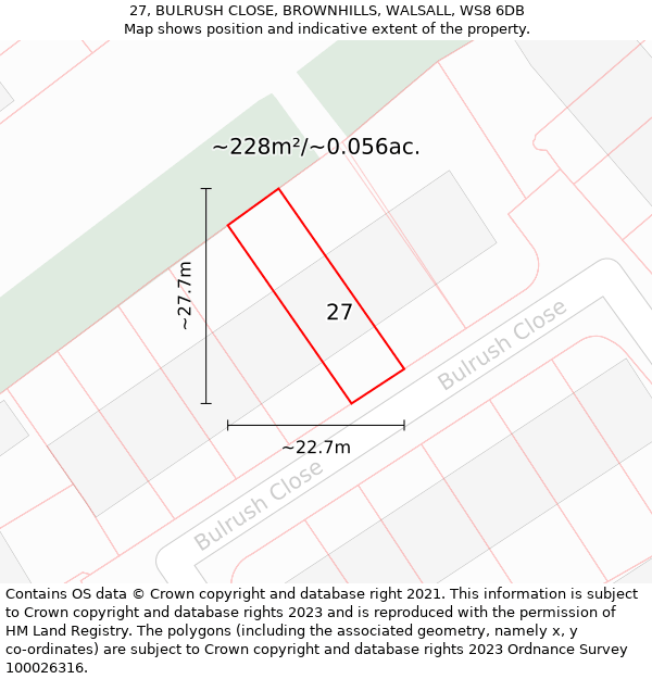 27, BULRUSH CLOSE, BROWNHILLS, WALSALL, WS8 6DB: Plot and title map