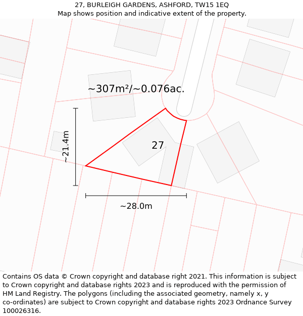 27, BURLEIGH GARDENS, ASHFORD, TW15 1EQ: Plot and title map