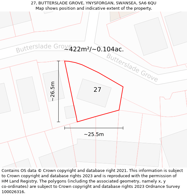 27, BUTTERSLADE GROVE, YNYSFORGAN, SWANSEA, SA6 6QU: Plot and title map