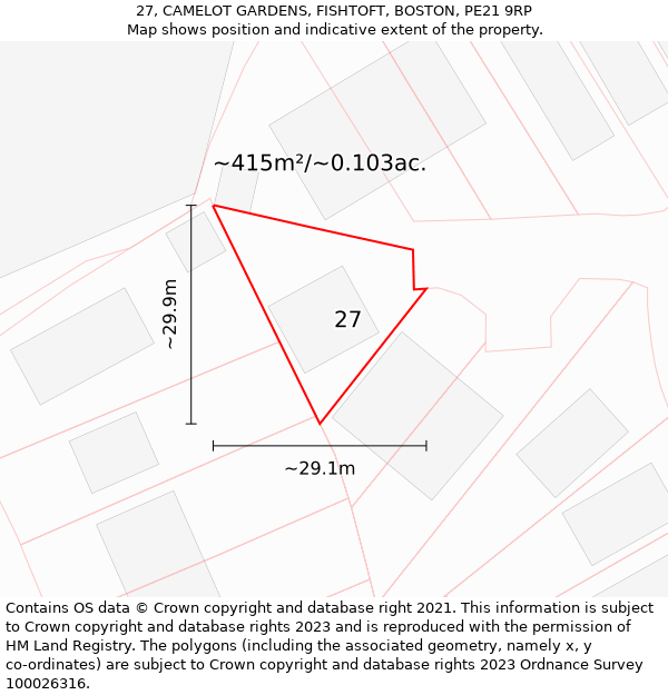 27, CAMELOT GARDENS, FISHTOFT, BOSTON, PE21 9RP: Plot and title map