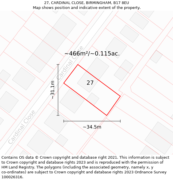 27, CARDINAL CLOSE, BIRMINGHAM, B17 8EU: Plot and title map