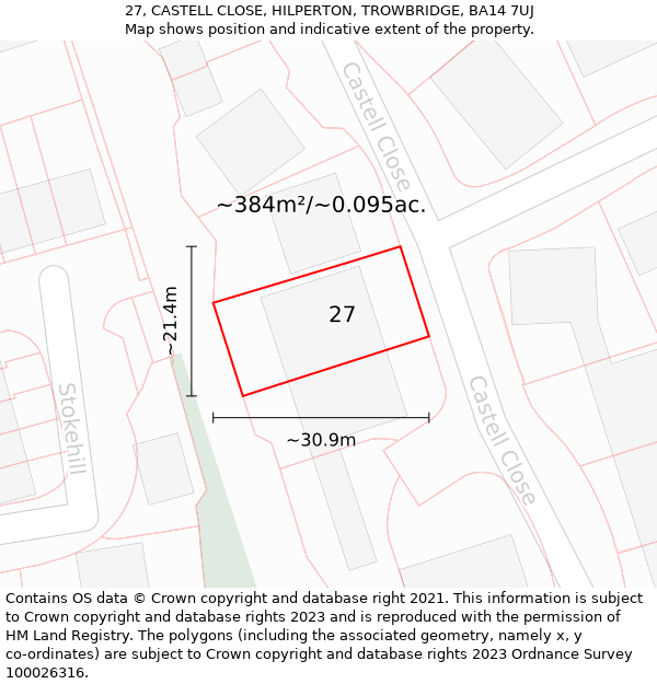 27, CASTELL CLOSE, HILPERTON, TROWBRIDGE, BA14 7UJ: Plot and title map