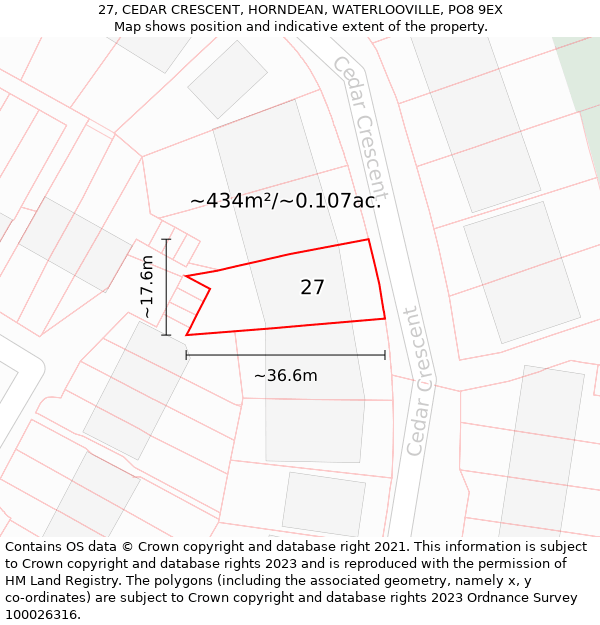 27, CEDAR CRESCENT, HORNDEAN, WATERLOOVILLE, PO8 9EX: Plot and title map